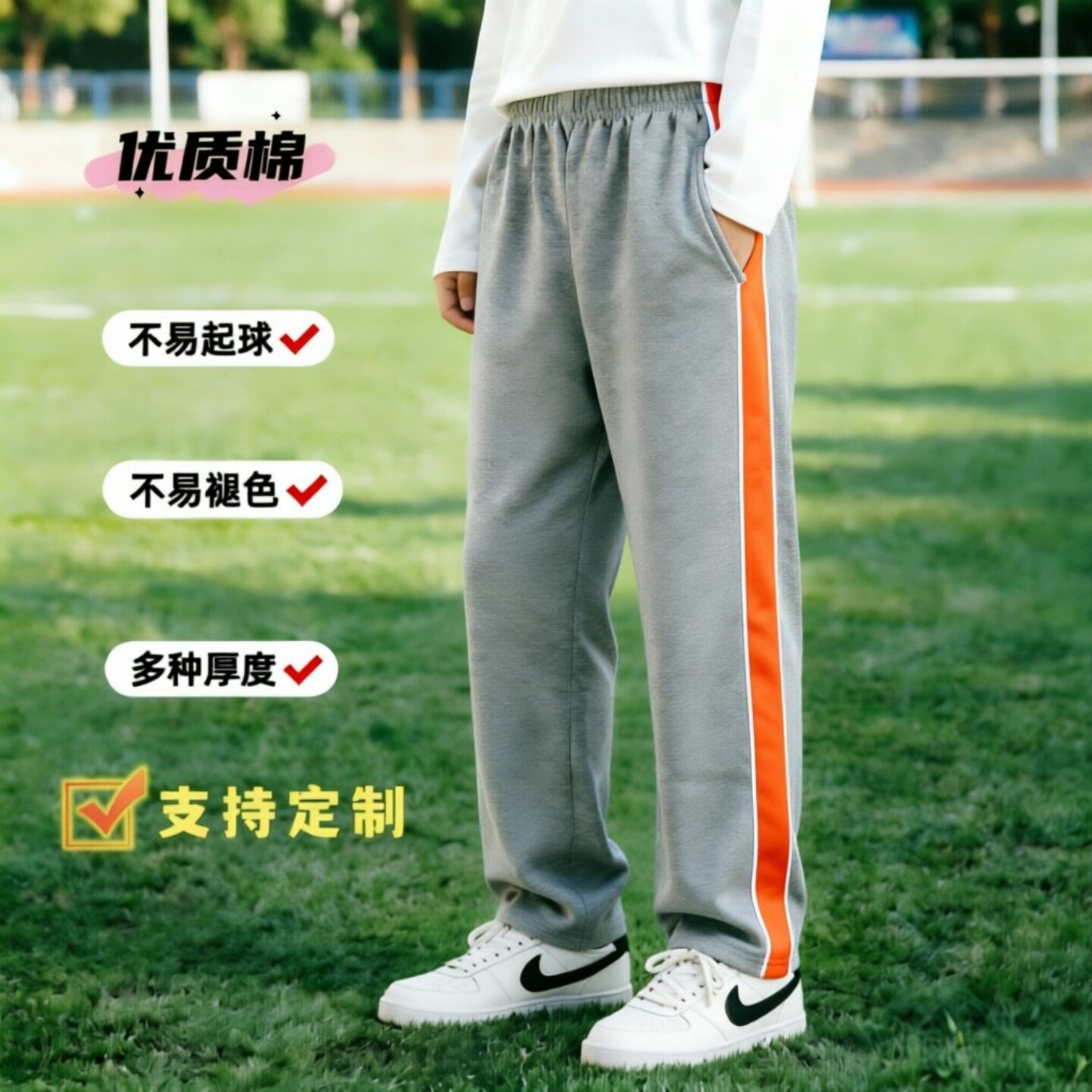 镶桔黄宽边两侧白细边跑步休闲裤