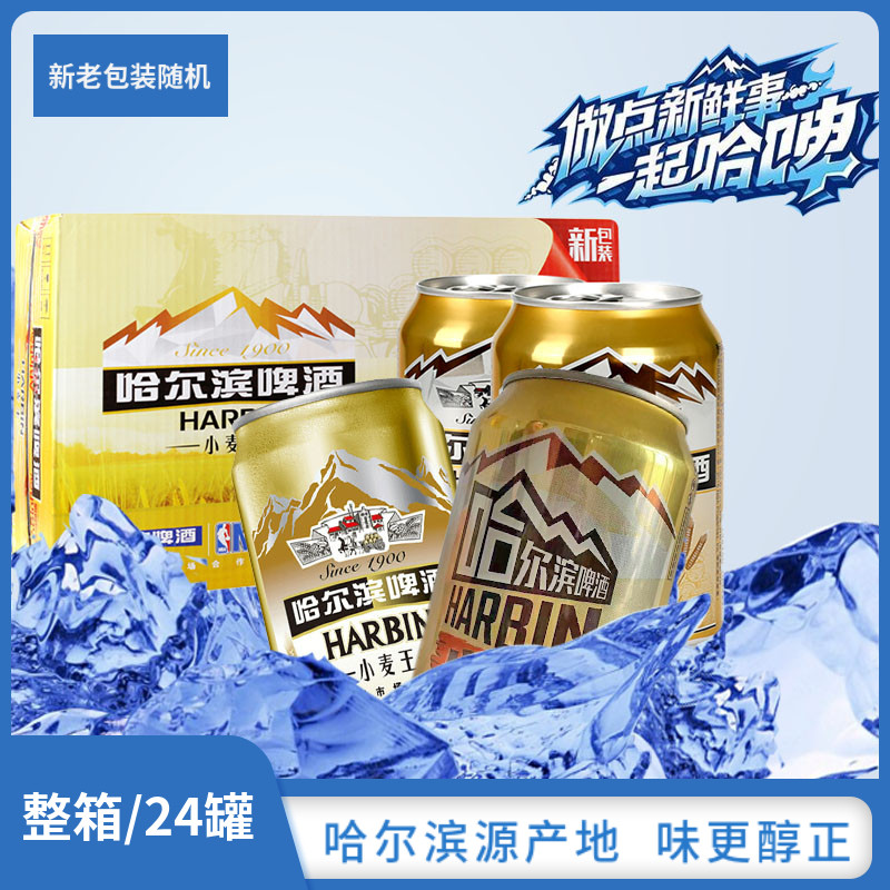 哈尔滨源产地小麦王啤酒330ml*24罐麦香浓郁熟啤易拉罐装哈啤整箱