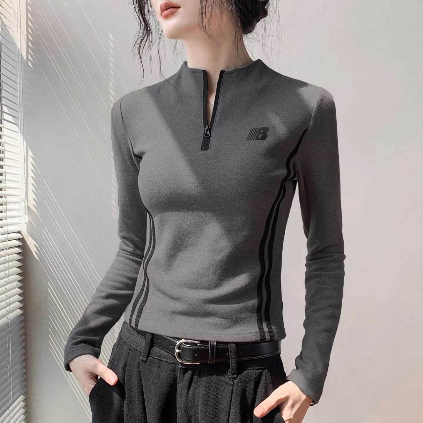 半拉链织带长袖t恤女秋冬修身美式户外运动上衣骑行衣德绒打底衫,女装/女士精品,T恤,淘宝优惠券,粉丝福利购,淘宝优惠卷