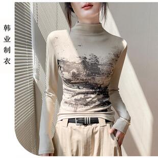 内搭打底衫 半高领复古长袖 修身 新款 设计感收腰上衣 t恤女2024秋季