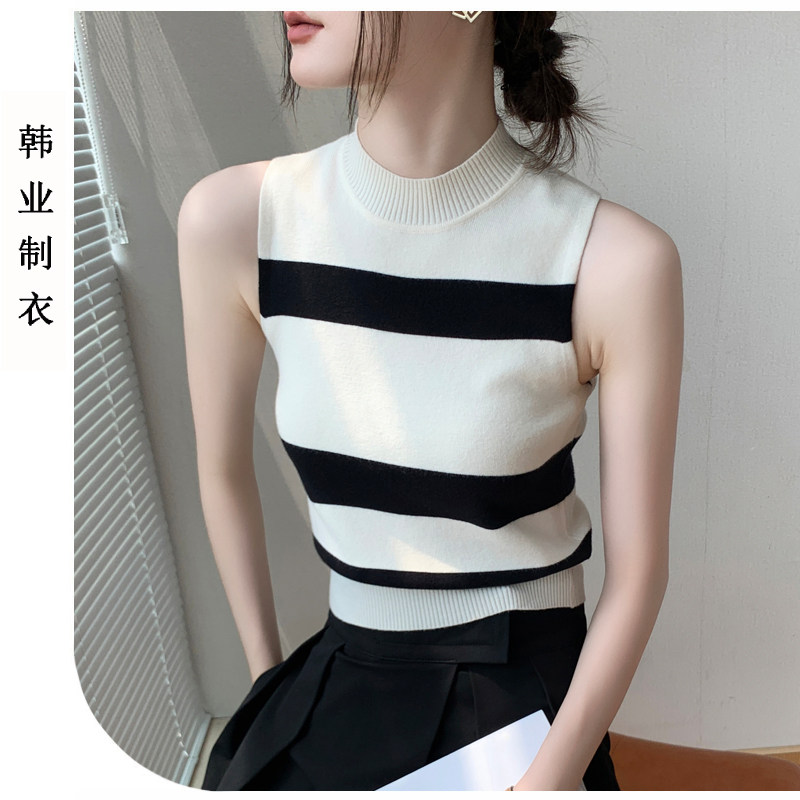 半高领撞色条纹修身吊带背心女