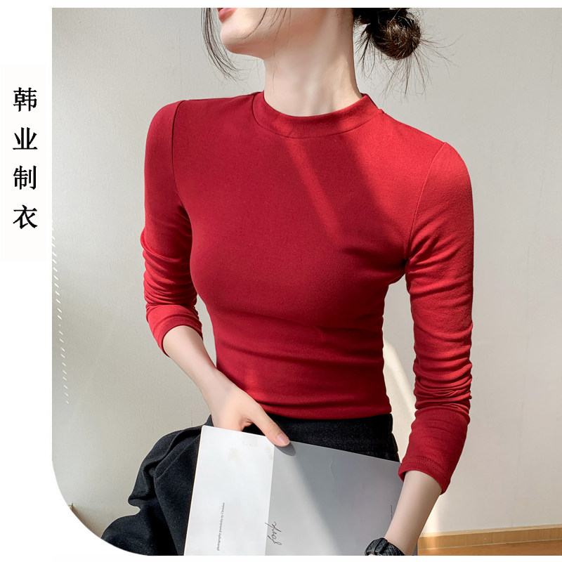 纯棉内搭修身圆领长袖T恤女纯色
