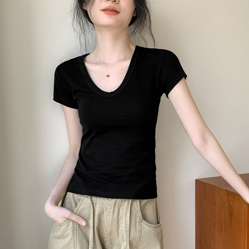 歌倍尚黑色短袖t恤女夏