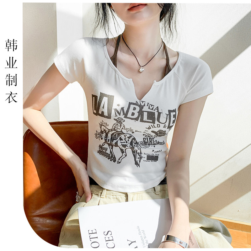 美式复古设计感字母印花挂脖T恤