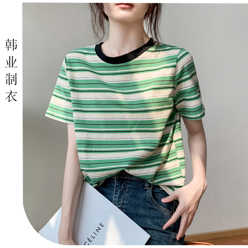 绿色正肩短袖美式复古条纹t恤女
