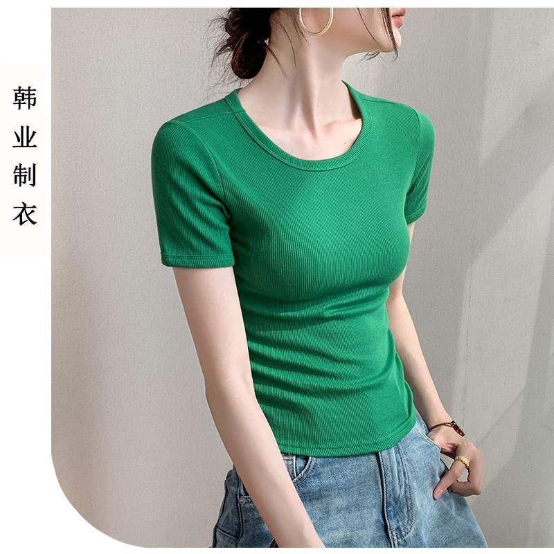 纯棉独特短袖女正肩修身上衣薄款