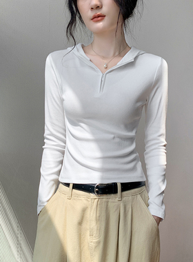 白色连帽拉链长袖t恤女2025早秋新款修身显瘦内搭卫衣打底衫上衣