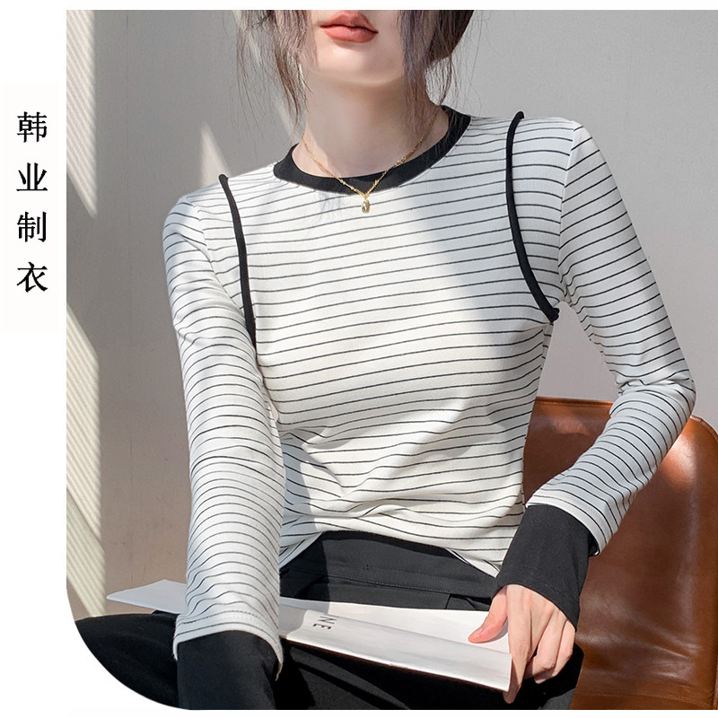 纯棉条纹长袖t恤女打底衫上衣