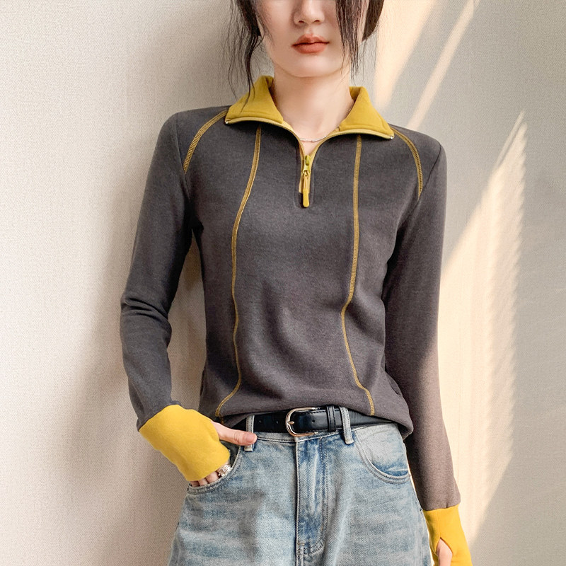 手套袖t恤女秋冬半拉链德绒上衣