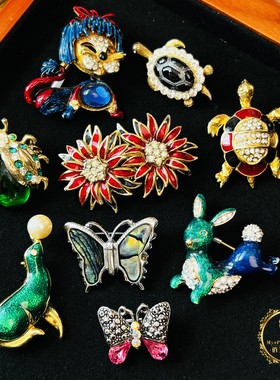 英国sphinx珐琅A&S水晶莱茵石动物vintage海外中古复古镀金胸针