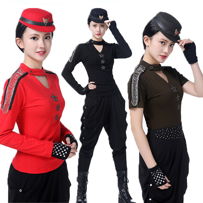 新款水兵舞服装短袖果果杨不不春秋烫钻五角星广场舞团队女演出服