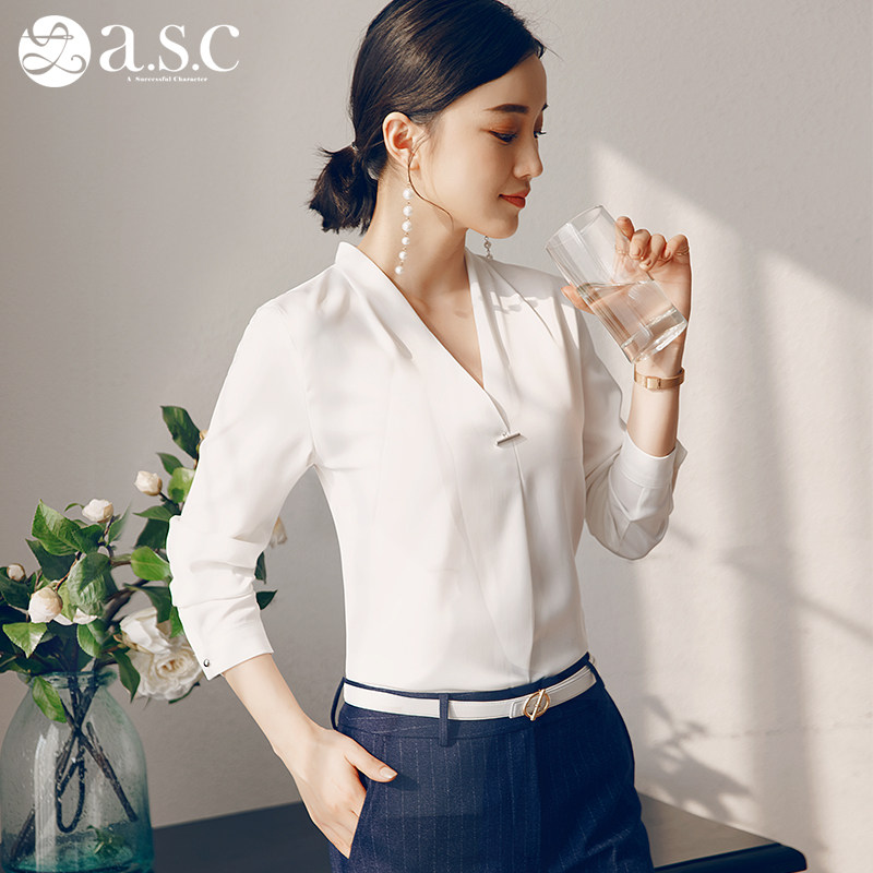 艾尚臣2026夏季新款女士长袖衬衣女白色V领修身打底职业装衬衫女
