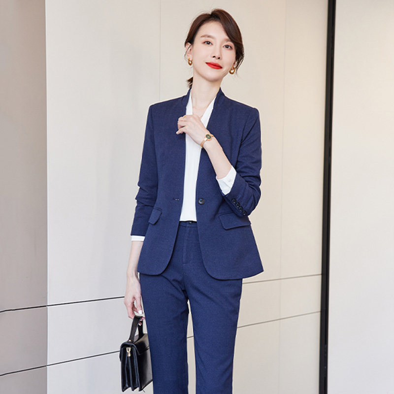 诗璐雅长袖西装套装女教师公务员上班面试气质高级感藏青色职业装