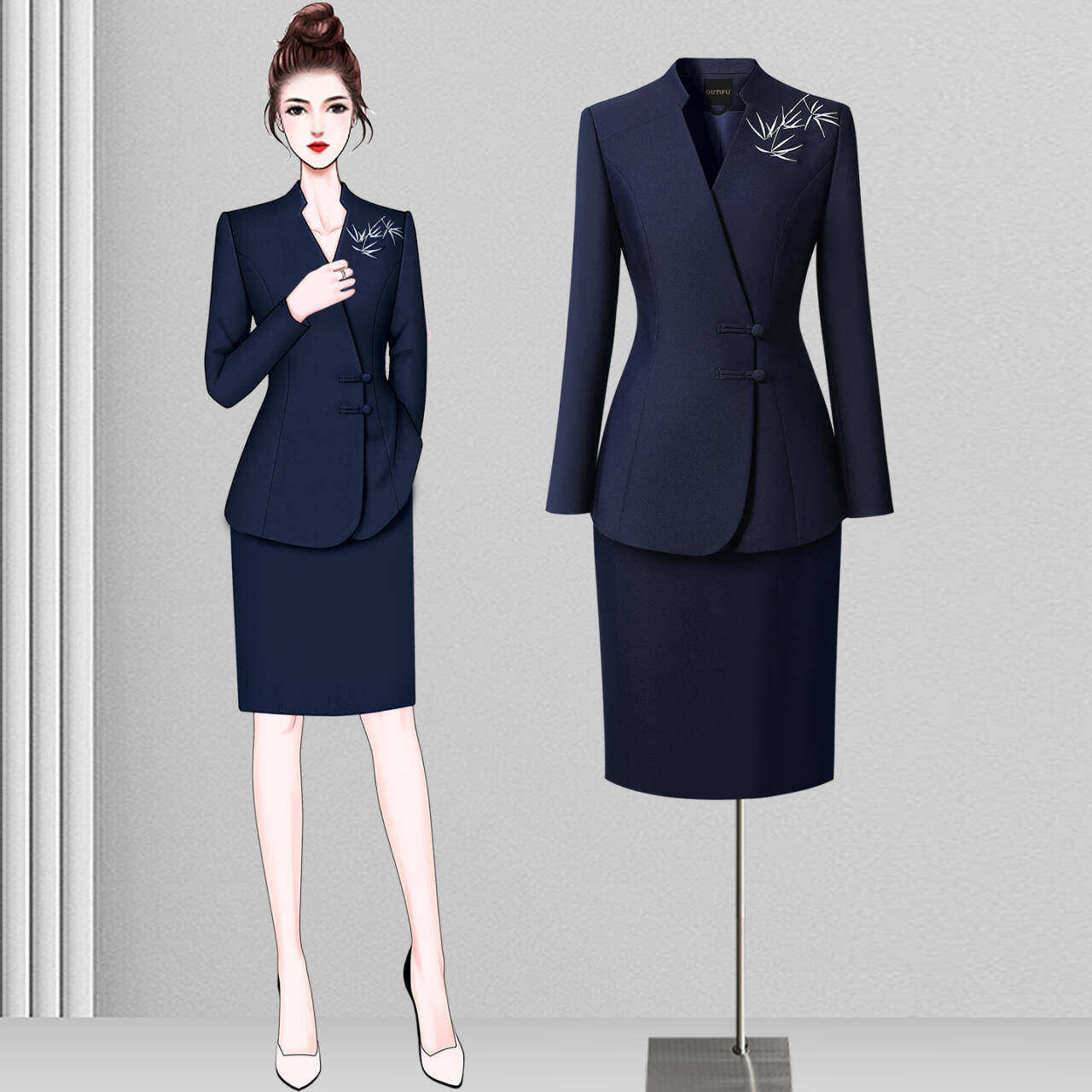 新中式国风职业套装女西装套裙茶楼酒店前台售楼部高端气质工作服