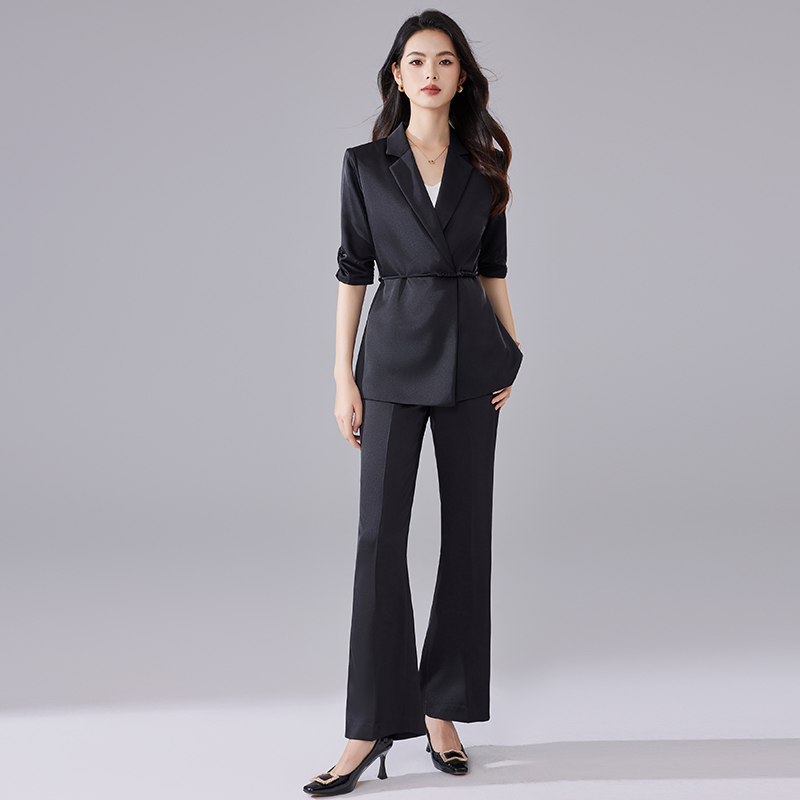 诗璐雅黑色中国风职业女装2025夏季五分袖薄款设计感垂感西服套装