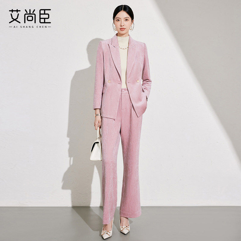 艾尚臣时髦西装外套女2025冬新款通勤上衣复古戗驳领粉色西服套装