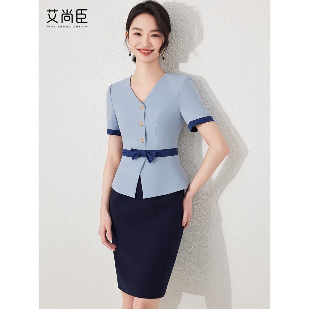 2024新款蓝色连衣裙女时尚假两件西装裙职业装职场通勤工作服裙子