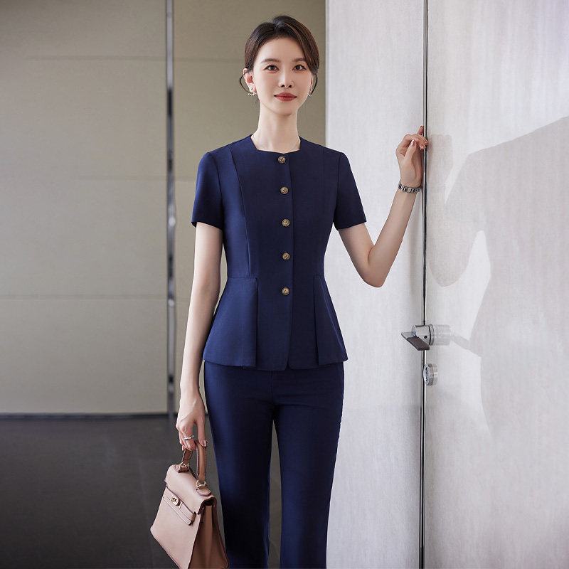 诗璐雅时尚收腰西装套装女显瘦遮肚方领短袖西服正装女职场通勤夏