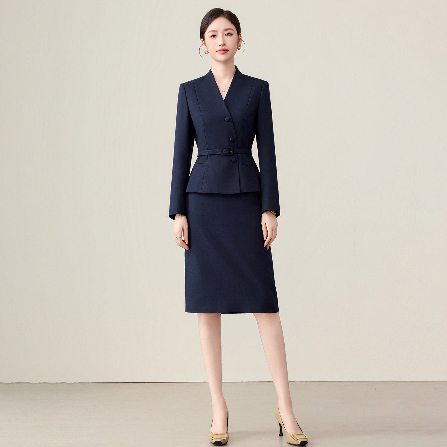 钟老板2026春秋新款藏青色气质通勤收腰显瘦职业西装半身裙套装女