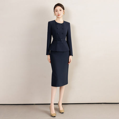 钟老板 藏青色复古修身西装套装女2026春秋新款外套半身裙两件套