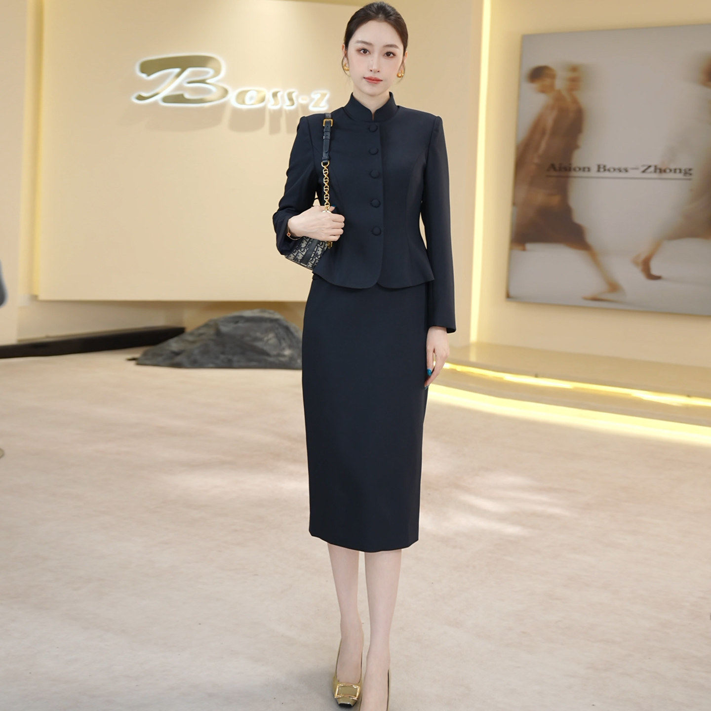 钟老板藏青色新中式旗袍套装女春秋新款复古西装外套连衣裙两件套