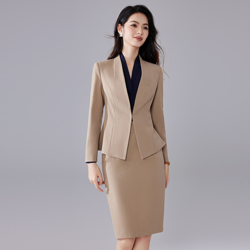 诗璐雅简约小西装套装女2024卡其色总裁商务西服时尚职业裙套秋季
