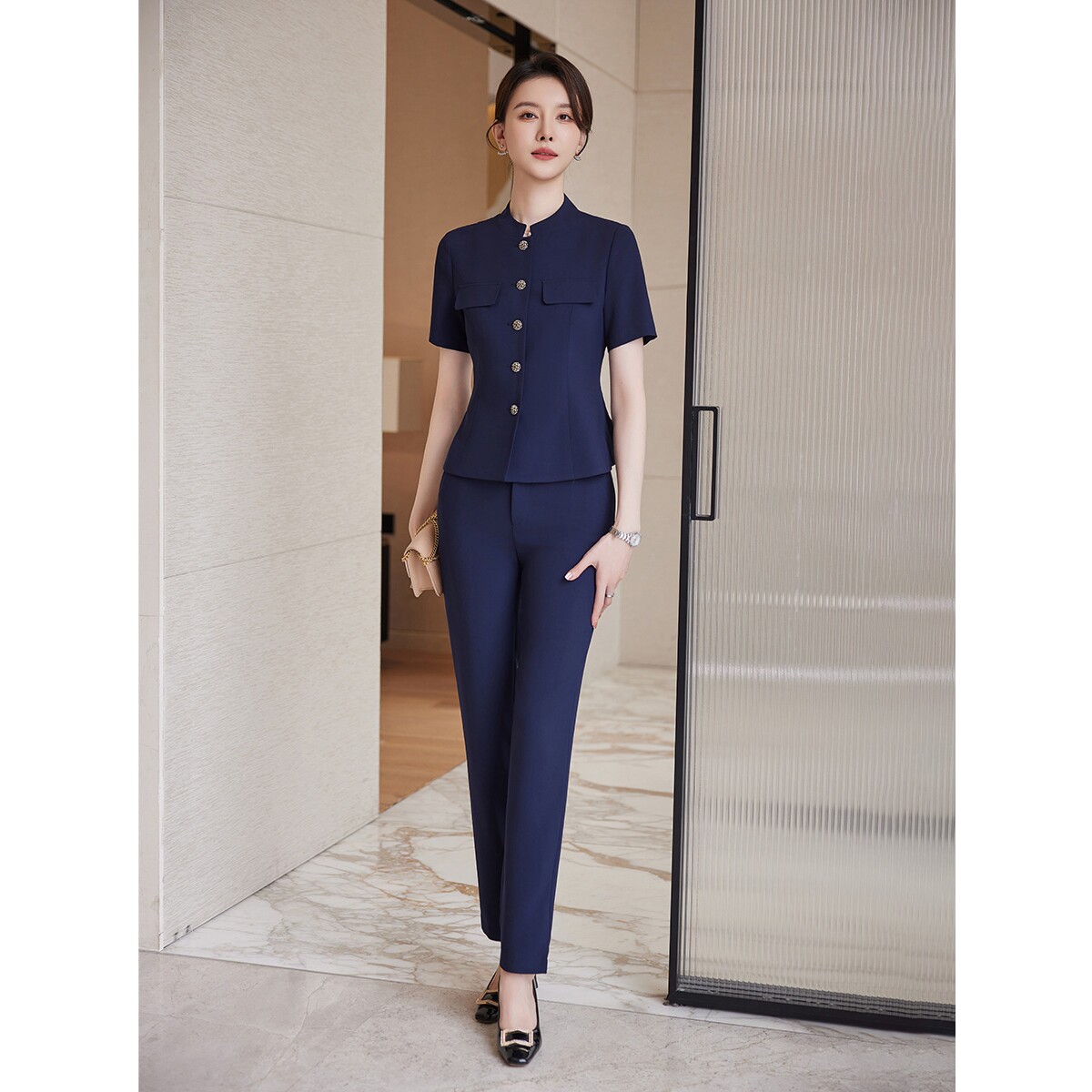 诗璐雅夏季西装套装女气质新中式修身西服职业装高级感短袖两件套