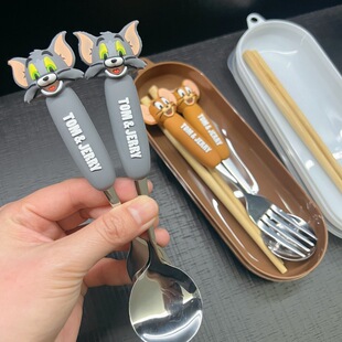 猫和老鼠卡通叉勺筷套装儿童吃饭勺子不锈钢可爱汤姆个人专用汤勺