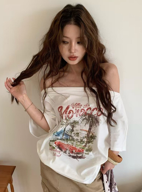 HOLEDER 2025夏季新款 韩版百搭时尚宽松显瘦印花斜肩短袖T恤女