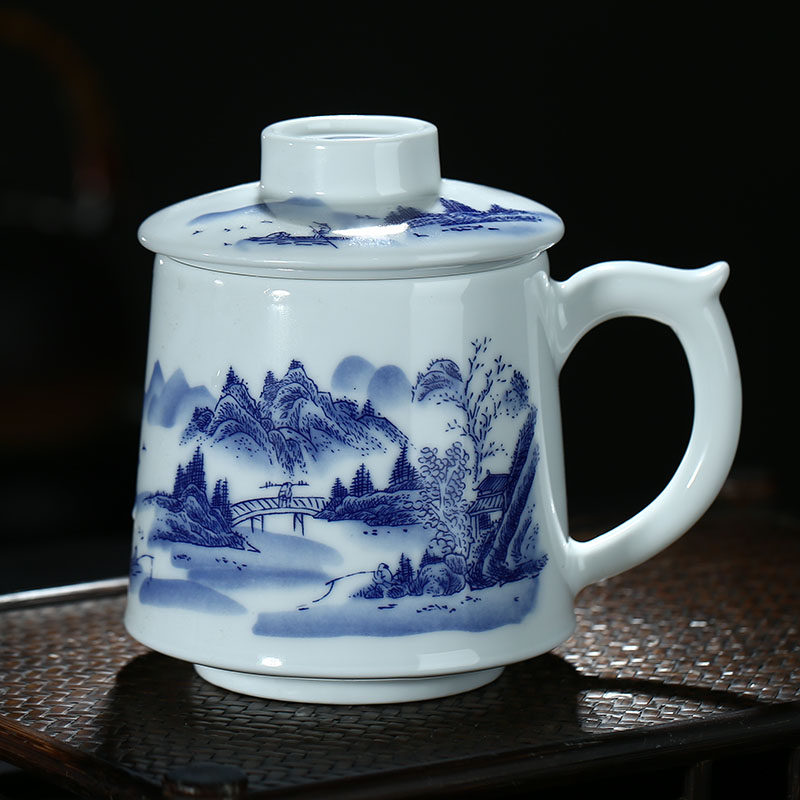 景德镇陶瓷带盖过滤泡茶杯 家用茶杯办公室水杯马克杯青花瓷杯子