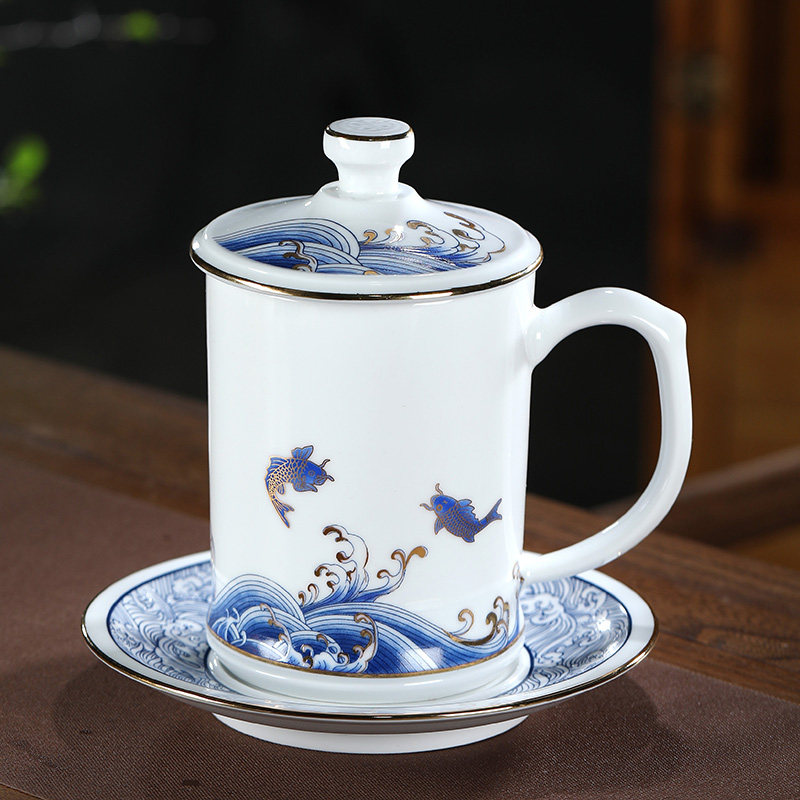景德镇陶瓷茶杯带盖大容量水杯办公室泡茶杯子青花瓷个人专用茶杯