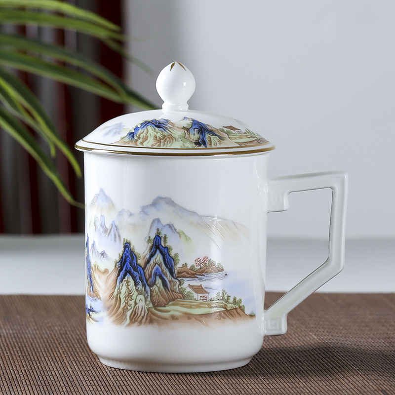 玉蝶复古茶杯陶瓷带盖大容量杯子