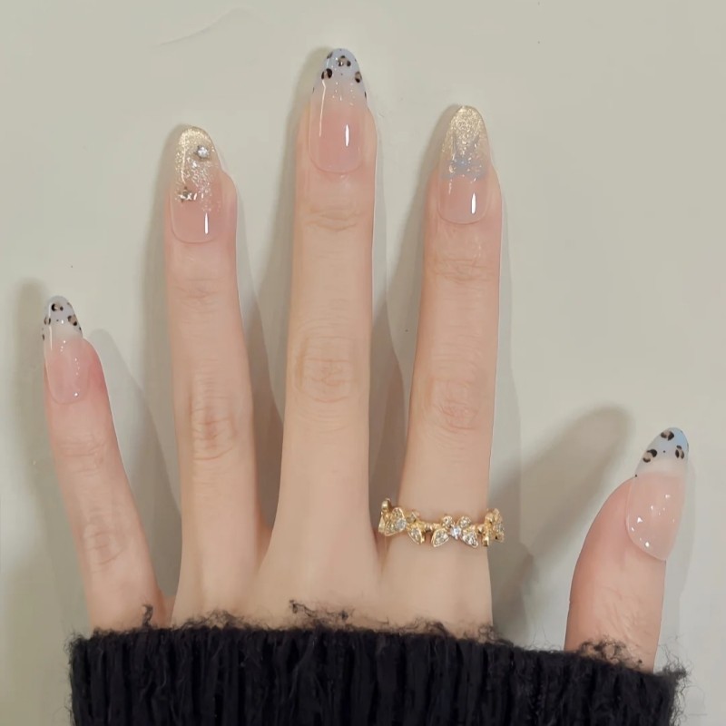 亮金晶甜妹豹纹纯手工穿戴甲美甲