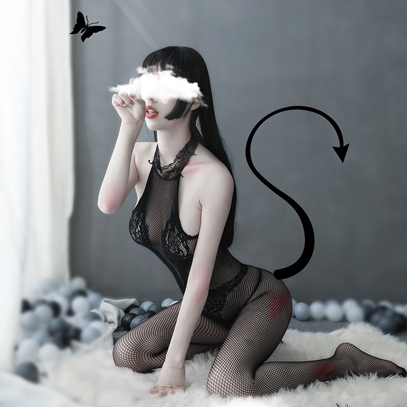 网衣镂空性感连体衣 蕾丝透明提花网袜挂脖花边可爱漏背