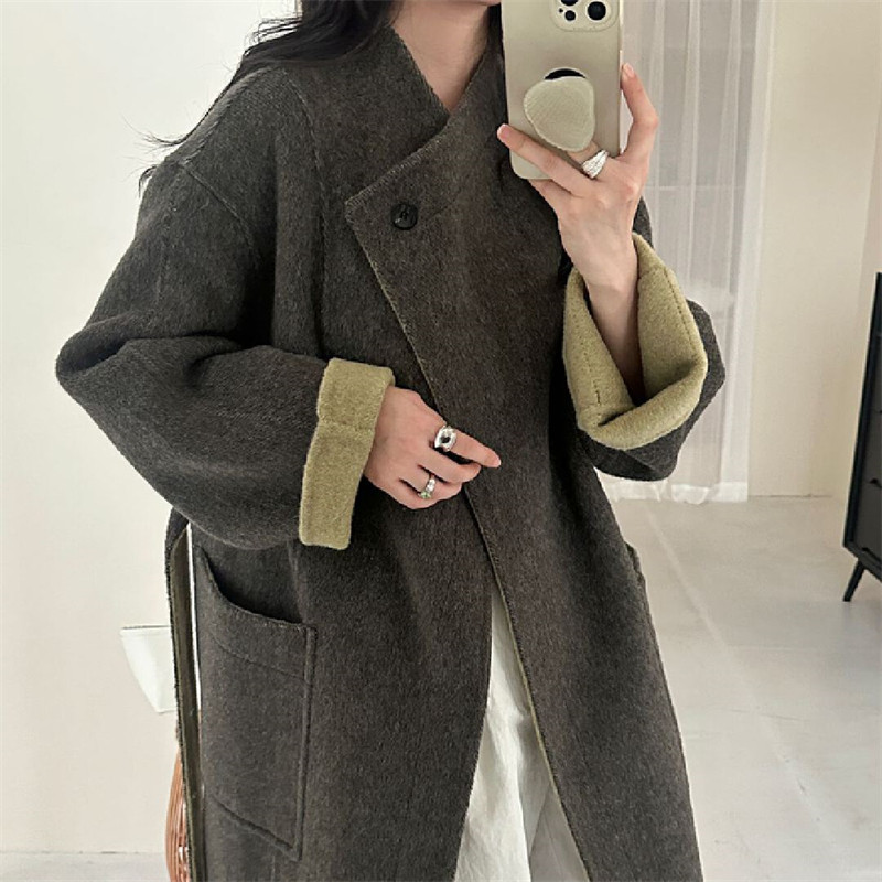初吾家25冬新款韩系极简风系带羊毛大衣长款气质双面呢外套女835