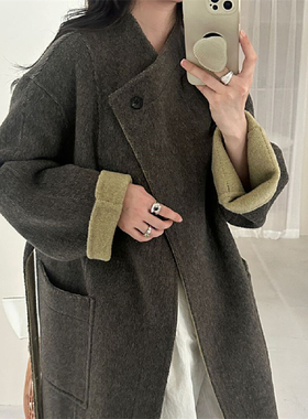 初吾家25冬新款韩系极简风系带羊毛大衣长款气质双面呢外套女835