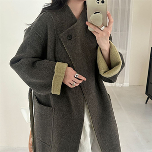 初吾家25冬新款韩系极简风系带羊毛大衣长款气质双面呢外套女835