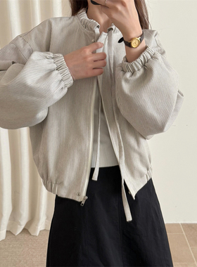 初吾家2025春季新款韩系抽绳外套女休闲百搭气质短款立领夹克上衣