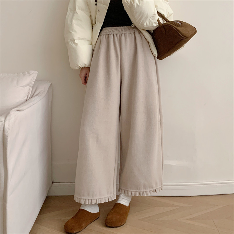 初吾家25秋冬新款日系极简风花边阔腿裤女小个子松紧腰休闲直筒裤,女装/女士精品,休闲裤,淘宝优惠券,粉丝福利购,淘宝优惠卷