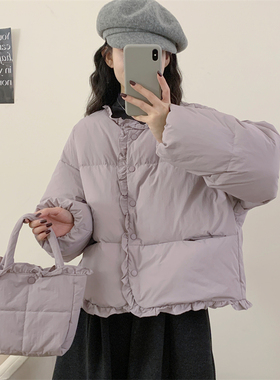 初吾家25冬季新款甜美花边短款羽绒服女自带包包小个子减龄外套