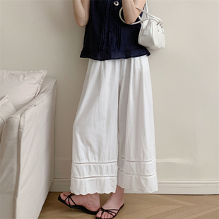 休闲裤 初吾家25夏季 纯色宽松百搭薄款 棉麻波浪镂空花边阔腿裤 新款