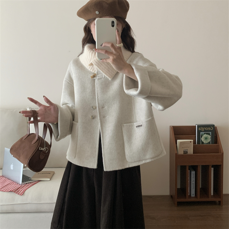 初吾家25冬季新款气质针织领口小个子毛呢羊毛双面呢外套女上衣