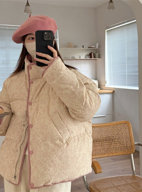 初吾家25冬季复古立领碎花羽绒服显瘦白鸭绒灯芯绒拼接宽松外套女