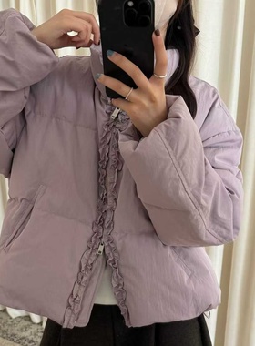 初吾家25冬季新款韩系甜美简约花边立领保暖面包服羽绒服外套女