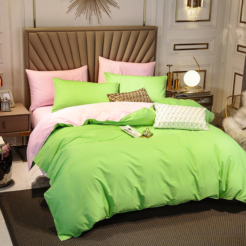 地中海简约纯棉斜纹纯色大红玫红全棉素色双拼三四件套可定做被套