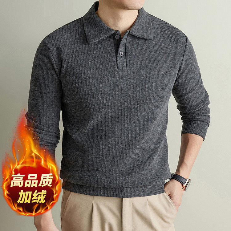 商务休闲翻领针织衫男长袖深灰色加绒毛衣冬季保暖