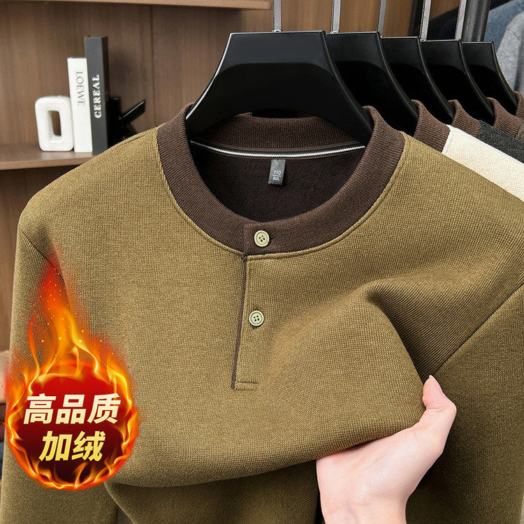 假两件圆领卫衣男加绒加厚保暖套头针织衫中老年上衣