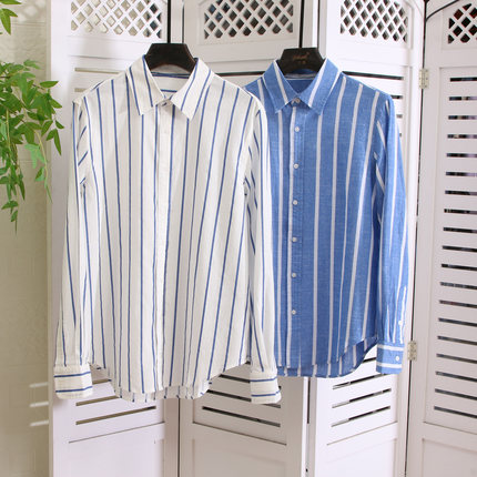 正奢~小马~！yi定要留！休闲风的鼻祖！亚麻竖条纹显瘦百搭衬衫秋
