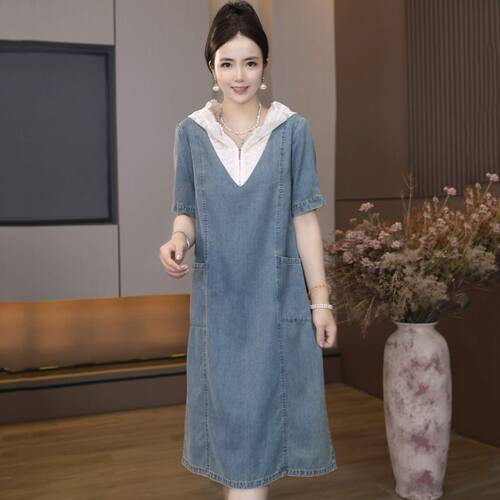 A-5801夏季新款设计小众衣服装韩版宽松休闲大码拼接牛仔连衣裙
