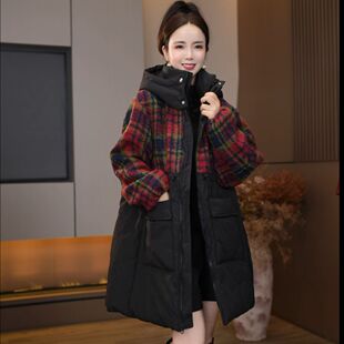 9565洋气格纹拼接连帽棉服女士中长款大口袋落肩袖遮肉冬季棉袄